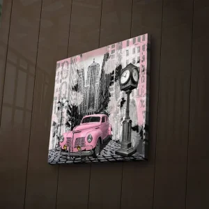 Canvastavla med LED-belysning 40x40 cm - Rosa vintagebil på en stadsgata med en gammaldags klocka Rosa / Svart / Grå - Inredning Fri frakt