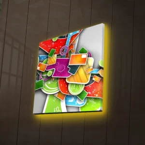 Canvastavla med LED-belysning 28x28 cm - Färgglad abstrakt komposition med geometriska former och mönster Grön / Röd / Orange - Inredning Sista chansen