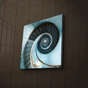 Beställ idag Canvastavla med LED-belysning 40x40 cm - Spiralliknande trappa med en ljusblå ton Ljusblå / Vit / Grå - Inredning
