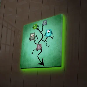 Canvastavla med LED-belysning 28x28 cm - Färgglad komposition av ugglor på en gren Grön / Blå / Brun - Inredning Billig