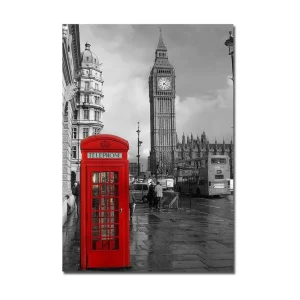Billig Canvastavla 70x100 cm - Röd telefonkiosk framför den ikoniska Big Ben i en svartvit stadsmiljö - Inredning & dekor