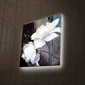 Canvastavla med LED-belysning 28x28 cm - Vita blommor med eleganta detaljer Vit / Grå / Brun - Inredning Extra rabatt