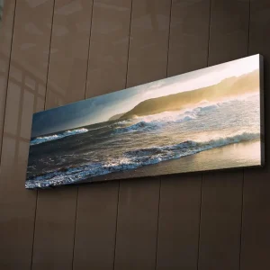 Canvastavla med LED-belysning 30x90 cm - Havslandskap med vågor och solnedgång Blå / Beige / Mörkgrön - Inredning Endast idag