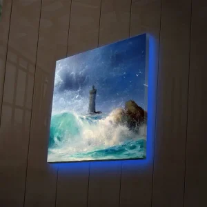 Begränsat antal Canvastavla med LED-belysning 28x28 cm - Fyr vid stormigt hav Blå / Grön / Vit - Inredning