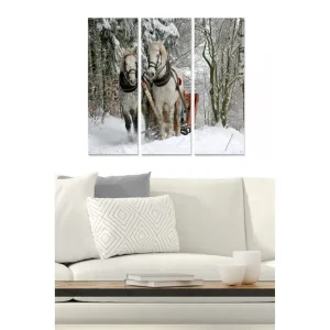 Billigare Canvastavla i trä 3-delar 50x70 cm - Två hästar i snölandskap med en släde - Inredning & dekor