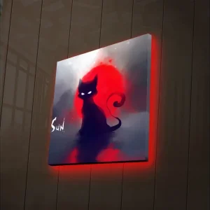 Handla nu Canvastavla med LED-belysning 28x28 cm - Svart katt mot en röd solnedgång Svart / Röd / Grå - Inredning