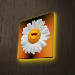 Kundfavorit Canvastavla med LED-belysning 28x28 cm - Glad blomma med leende ansikte och hjärtformade ögon Vit / Orange / Gul - Inredning