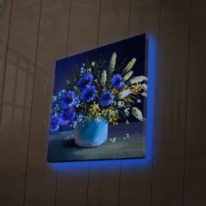 Canvastavla med LED-belysning 28x28 cm - Färgrik bukett av blommor i en vas Blå / Grön / Gul - Inredning Begränsat erbjudande