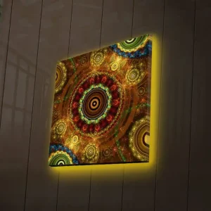 Canvastavla med LED-belysning 28x28 cm - Färgglad abstrakt komposition med cirkulära mönster Guld / Röd / Grön - Inredning Lägg i varukorgen