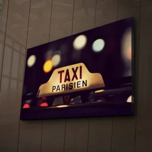 Canvastavla med LED-belysning 45x70 cm - Taxi-skylt med fransk text i stadsmiljö Gult / Svart / Rött - Inredning Snabb leverans