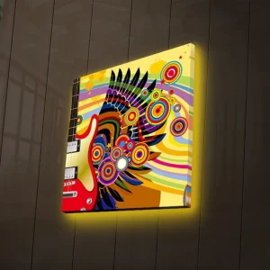 Canvastavla med LED-belysning 28x28 cm - Färgglad gitarr med abstrakta mönster och cirklar Gul / Röd / Grön - Inredning Extra rabatt