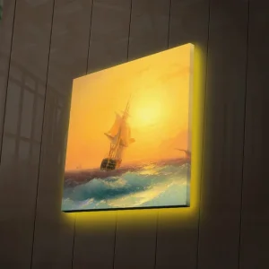Erbjudandepris Canvastavla med LED-belysning 28x28 cm - Segelbåt på ett glittrande hav vid solnedgången Guld / Blå / Orange - Inredning