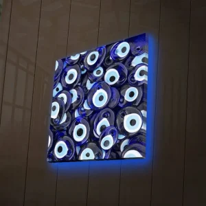 Canvastavla med LED-belysning 28x28 cm - Blå ögonformade amuletter i ett mönster Blå / Vit / Svart - Inredning Kampanjpris