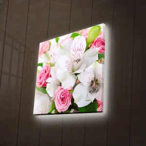 Canvastavla med LED-belysning 28x28 cm - Färgrik bukett av rosor och liljor Rosa / Vit / Grön - Inredning Köp online