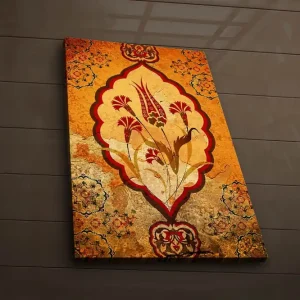 Rabatt Canvastavla med LED-belysning 70x45 cm - Ornamental blommönster i varma toner Orange / Röd / Beige - Inredning