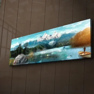 Premium Canvastavla med LED-belysning 30x90 cm - Storslagen fjällandskap med en fiskare i en båt på en spegelblanka sjö Blå / Grön / Vit - Inredning