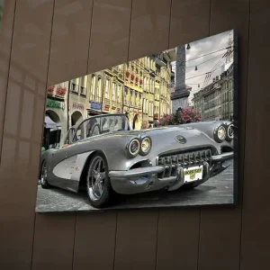 Kundfavorit Canvastavla med LED-belysning 45x70 cm - Klassisk bil i stadsmiljö Grå / Svart / Vit - Inredning