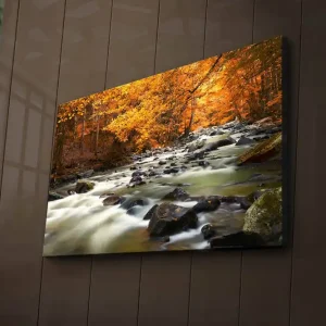Extra rabatt Canvastavla med LED-belysning 45x70 cm - Flödande vatten omgiven av höstfärgad skog Orange / Grön / Svart - Inredning