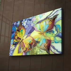 Canvastavla med LED-belysning 45x70 cm - Färgglada fjärilar i en harmonisk komposition Guld / Turkos / Lila - Inredning Premium