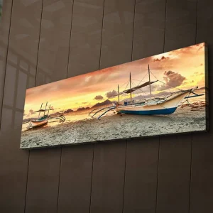 Canvastavla med LED-belysning 30x90 cm - Segelbåtar vid solnedgången över havet Orange / Blå / Beige - Inredning Begränsat erbjudande