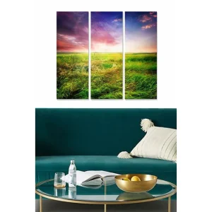 Canvastavla i trä 3-delar 50x70 cm - Vacker landskapsvy med grönskande ängar och dramatisk himmel - Inredning & dekor Rabatter