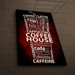Kundfavorit Canvastavla med LED-belysning 70x45 cm - Kaffeinspirerad typografi med ord relaterade till kaffedrycker Röd / Vit - Inredning