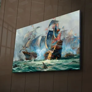 Canvastavla med LED-belysning 45x70 cm - Dramatiskt sjöslag med segelfartyg i aktion Blå / Grön / Röd - Inredning Populärt val