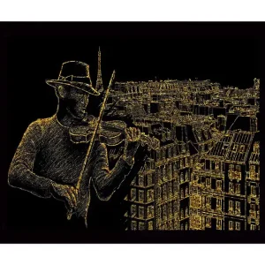Beställ nu Inramad Canvastavla i trä - 41x56 cm - Musiker som spelar fiol med en stadssilhuett i bakgrunden - Inredning & dekor