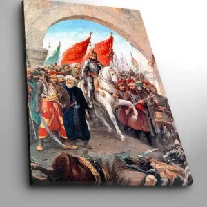 Canvastavla 70x100 cm - Triumferande ledare på en vit häst omgiven av en folkmassa med röda flaggor - Inredning & dekor Reapris