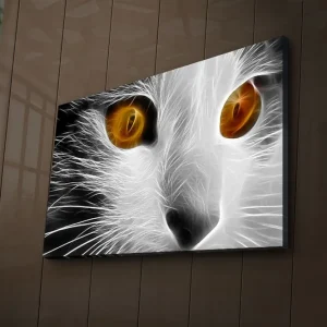 Canvastavla med LED-belysning 45x70 cm - Kattans ansikte med intensiva ögon Vit / Svart / Orange - Inredning risnedsättning