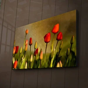 Populär Canvastavla med LED-belysning 45x70 cm - Färgglada tulpaner i blomning Röd / Grön / Gulgrön - Inredning