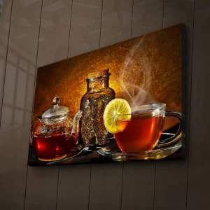 Canvastavla med LED-belysning 45x70 cm - Varm och inbjudande teuppsättning med citronskiva Röd / Brun / Gul - Inredning Snabb leverans