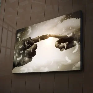 Rea Canvastavla med LED-belysning 45x70 cm - Fingrar som nästan möts i en himmelsk miljö Grå / Vit / Beige - Inredning