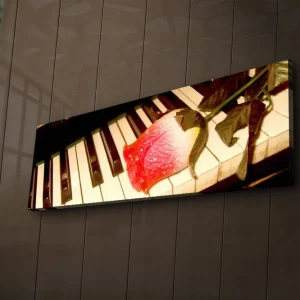 Canvastavla med LED-belysning 30x90 cm - Röd ros på ett piano med svarta och vita tangenter Röd / Svart / Vit - Inredning Endast denna vecka