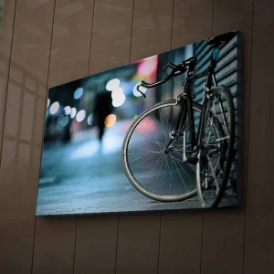 Utförsäljning Canvastavla med LED-belysning 45x70 cm - Cykel i stadsmiljö med suddiga ljusreflexer Svart / Blå / Grå - Inredning