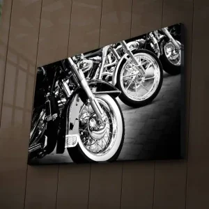 Nedsatt pris Canvastavla med LED-belysning 45x70 cm - Svartvita motorcykelhjul i rad Svart / Vitt / Silver - Inredning