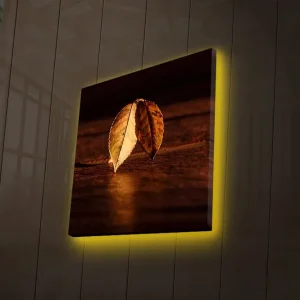 Billig Canvastavla med LED-belysning 40x40 cm - Två överlappande höstlöv på en träyta Guld / Brunt / Grönt - Inredning
