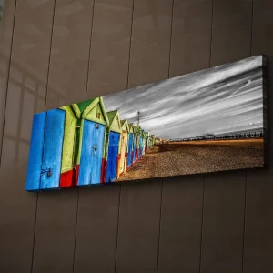 Canvastavla med LED-belysning 30x90 cm - Färgglada badhus i rad vid stranden Blå / Grön / Röd - Inredning Billig