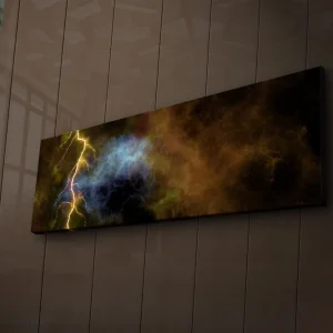 Populär Canvastavla med LED-belysning 30x90 cm - Dramatiskt kosmiskt landskap med blixtar och färgexplosioner Guld / Blå / Svart - Inredning