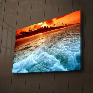 Canvastavla med LED-belysning 45x70 cm - Solnedgång över havet med vågor som skummar vid stranden Orange / Blå / Vit - Inredning Nedsatt pris