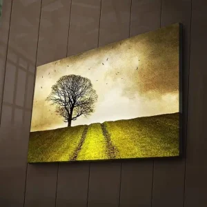 Kampanjpris Canvastavla med LED-belysning 45x70 cm - Ensam trädkrona på en grön kulle under en gyllene himmel Guld / Grön / Brun - Inredning
