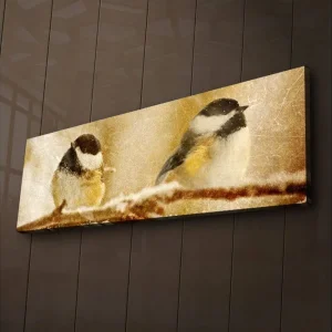 Kampanjpris Canvastavla med LED-belysning 30x90 cm - Två fåglar på en gren i vinterlandskap Beige / Svart / Vit - Inredning