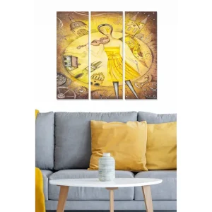 Beställ nu Canvastavla i trä 3-delar 50x70 cm - Kvinna i gul klänning som spelar fiol mot en bakgrund av klockor och byggnader - Inredning & dekor