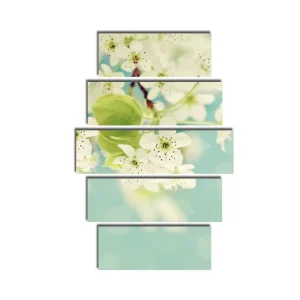 Nedsatt pris Stor Canvastavla i 5 delar 105x70 cm - Vitsippor i blomning mot en mjukt blå bakgrund Vit / Grön / Blå - Inredning
