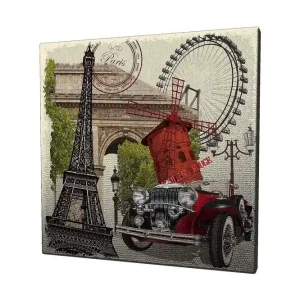 Canvastavla 45x45 cm - Paris-inspirerad komposition med Eiffeltornet, en röd bil och en vindmölla - Inredning & dekor Begränsat erbjudande