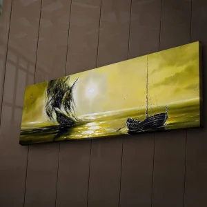 Canvastavla med LED-belysning 30x90 cm - Skepp som seglar mot en gyllene horisont Guld / Svart - Inredning Snabb leverans