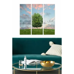 Canvastavla i trä 3-delar 50x70 cm - Grönskande träd på en kulle under en färgglad himmel - Inredning & dekor risnedsättning