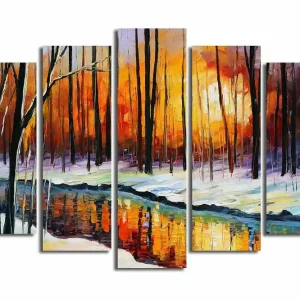 Stor Canvastavla i 5 delar 105x70 cm - Vinterlandskap med solnedgång och spegelbild i en stilla sjö Orange / Svart / Vitt - Inredning Utförsäljning