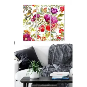 Canvastavla i trä 3-delar 50x70 cm - Färgrik bukett av blommor med fågelmotiv - Inredning & dekor Sänkt pris