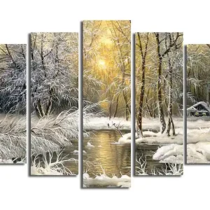 I lager Stor Canvastavla i 5 delar 105x70 cm - Vinterlandskap med snöklädda träd och en spegelblanka sjö Vit / Ljusgrön / Beige - Inredning